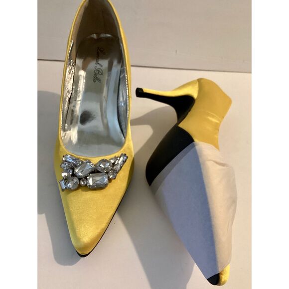 NIB Lunnah Bella Yellow Satin heels with Rhinestone Clip Size 7 - Picture 5 of 7